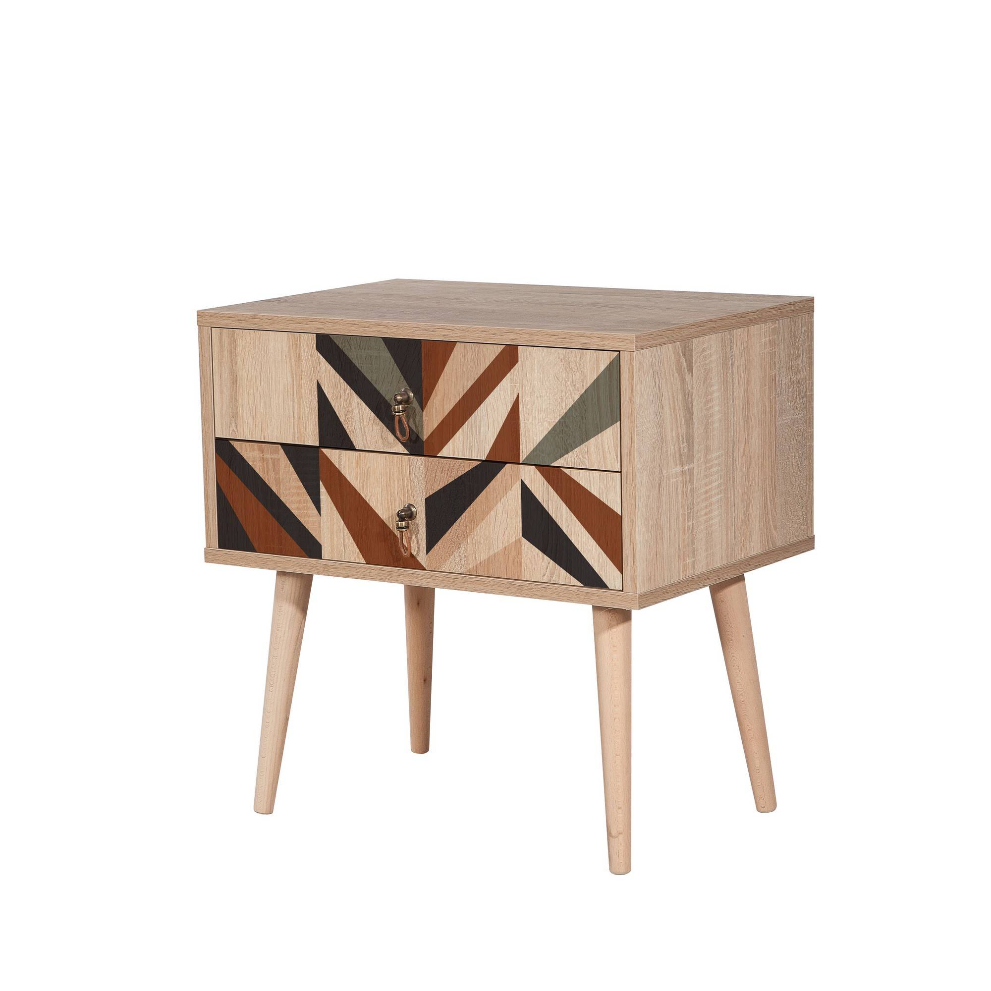 Nachttisch mit 2 Schubladen Sleek Holz Geometrisches Muster und Karos Schwarz, Grün und Rot