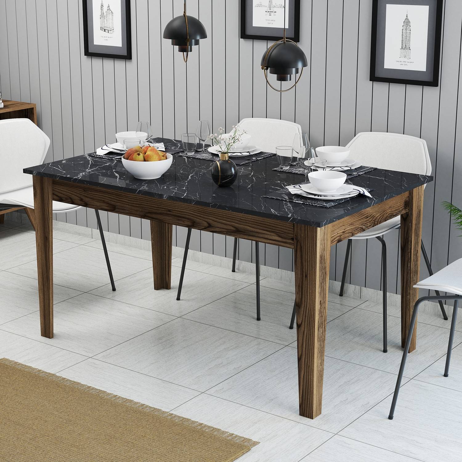 Table de salle à manger avec rangement Fiorita 145cm Bois et Noir effet  marbre