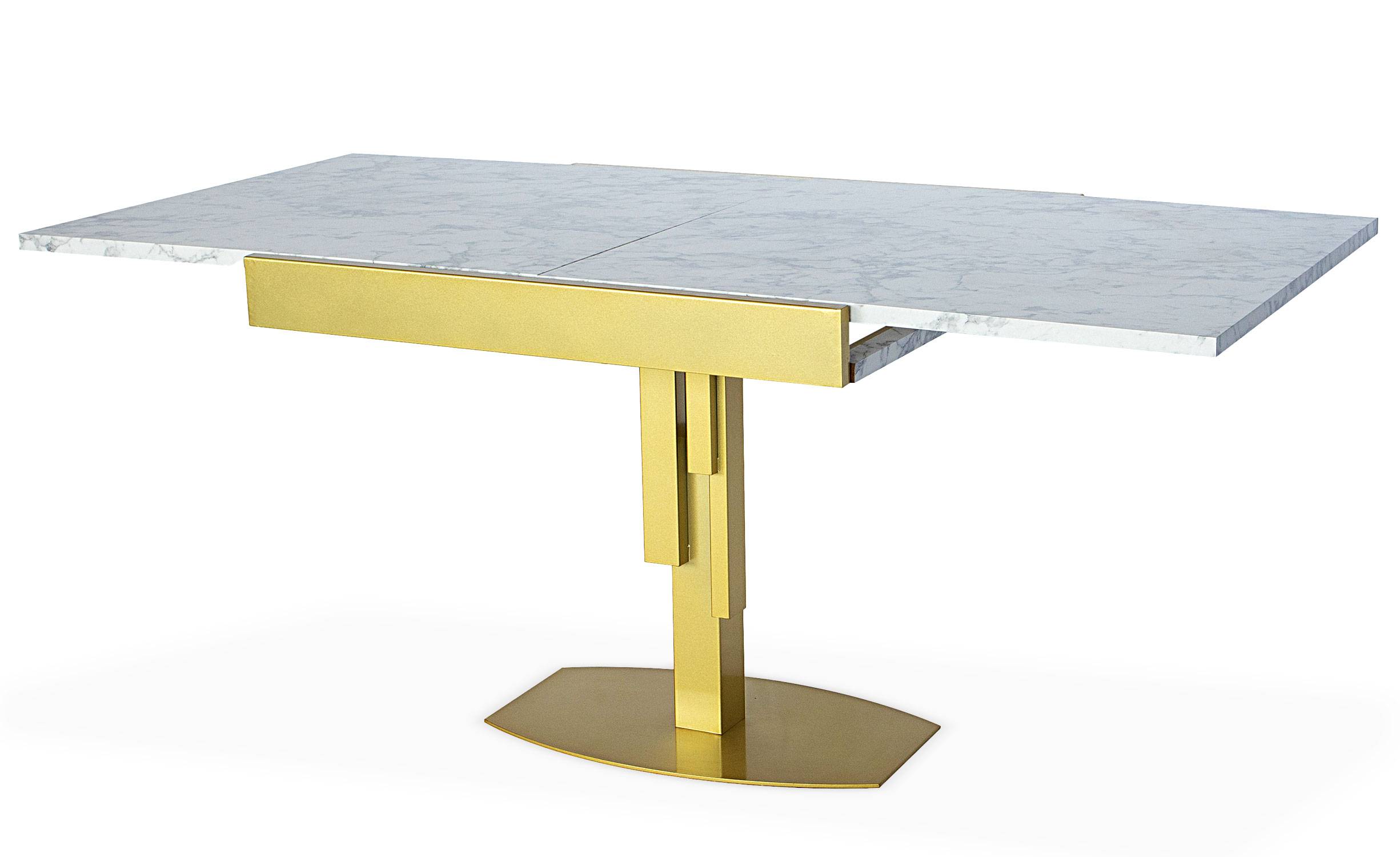 pakket Onderscheppen kraan Table design carrée extensible 180cm Mealane pied central Or et Effet  Marbre blanc