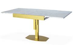 Table design carrée extensible 180cm Mealane pied central Or et Effet Marbre blanc