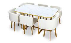 Conjunto de mesa y 6 sillas Oslo XL efecto mármol blanco con PU blanco y con patas doradas