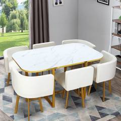 Oslo tafel en stoelen XL goudwit marmereffect en wit Simili
