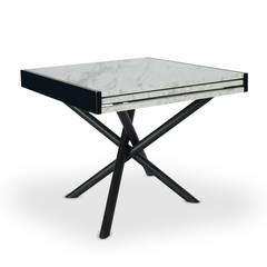 Table extensible moderne L90-180cm Liberac Métal noir et Bois effet marbre blanc