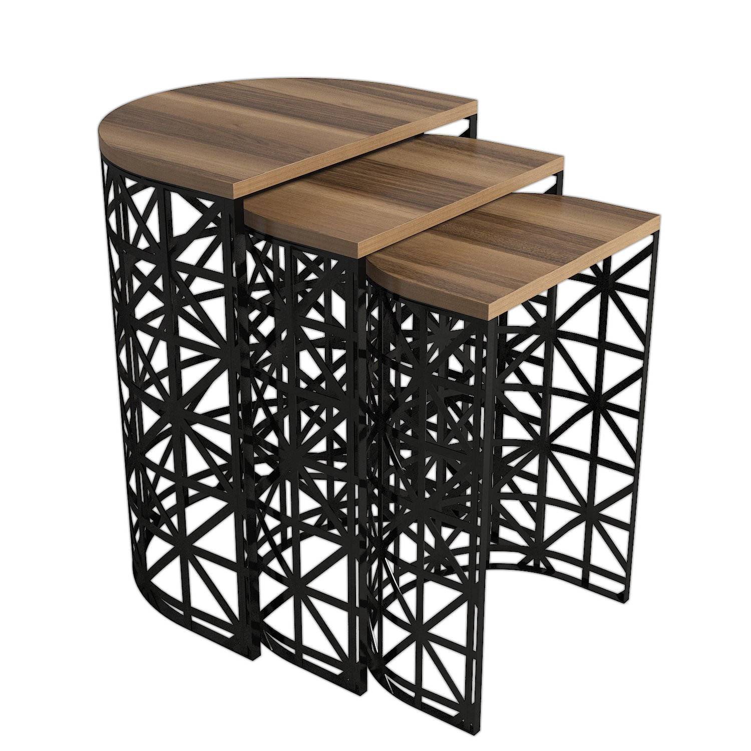 Tavolo da nido rotondo a 3 pezzi Zachem in metallo nero e legno naturale