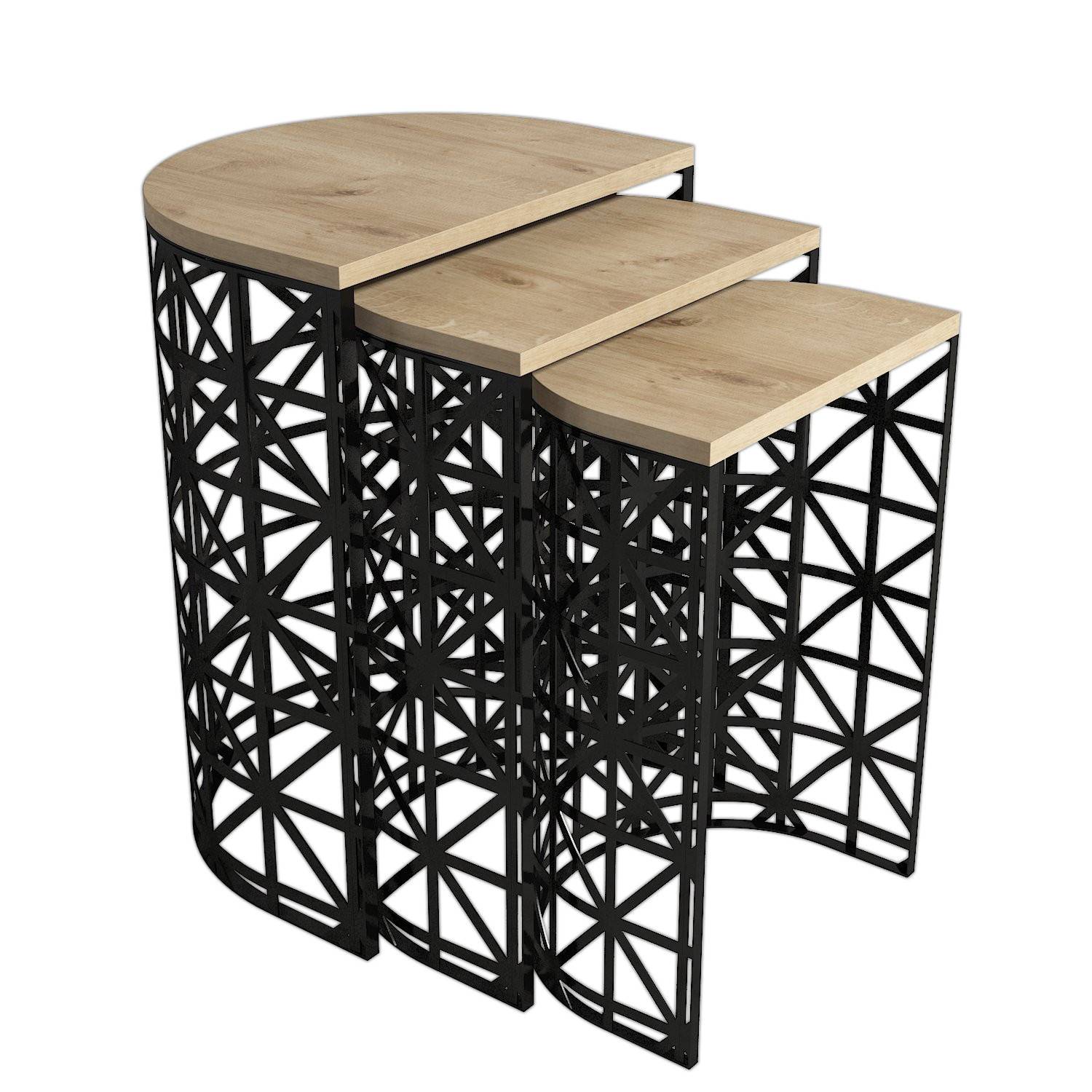 Tavolo da nido rotondo a 3 pezzi Zachem in metallo nero e legno di quercia