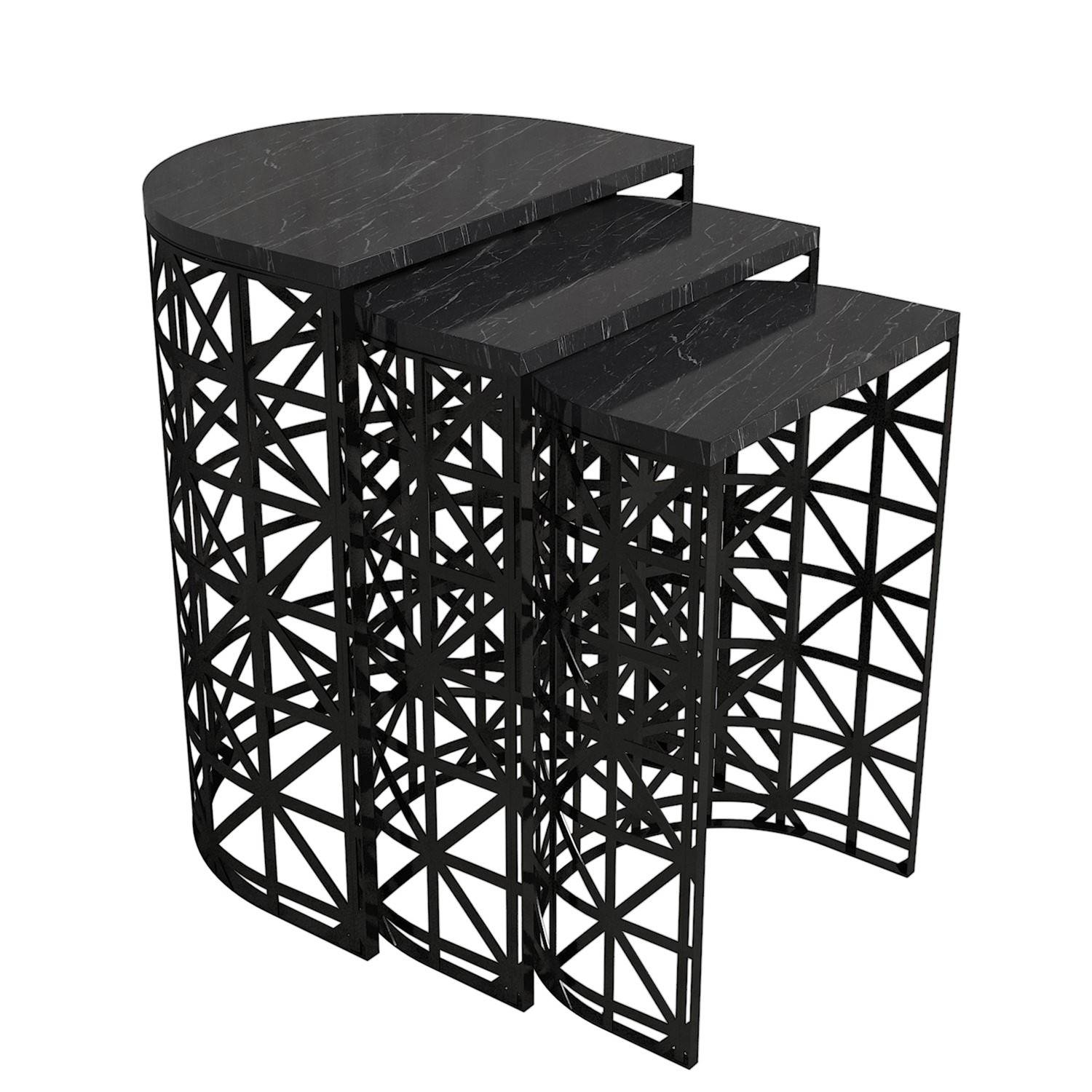 Zachem Tavolino rotondo a 3 pezzi in metallo nero e marmo di legno nero