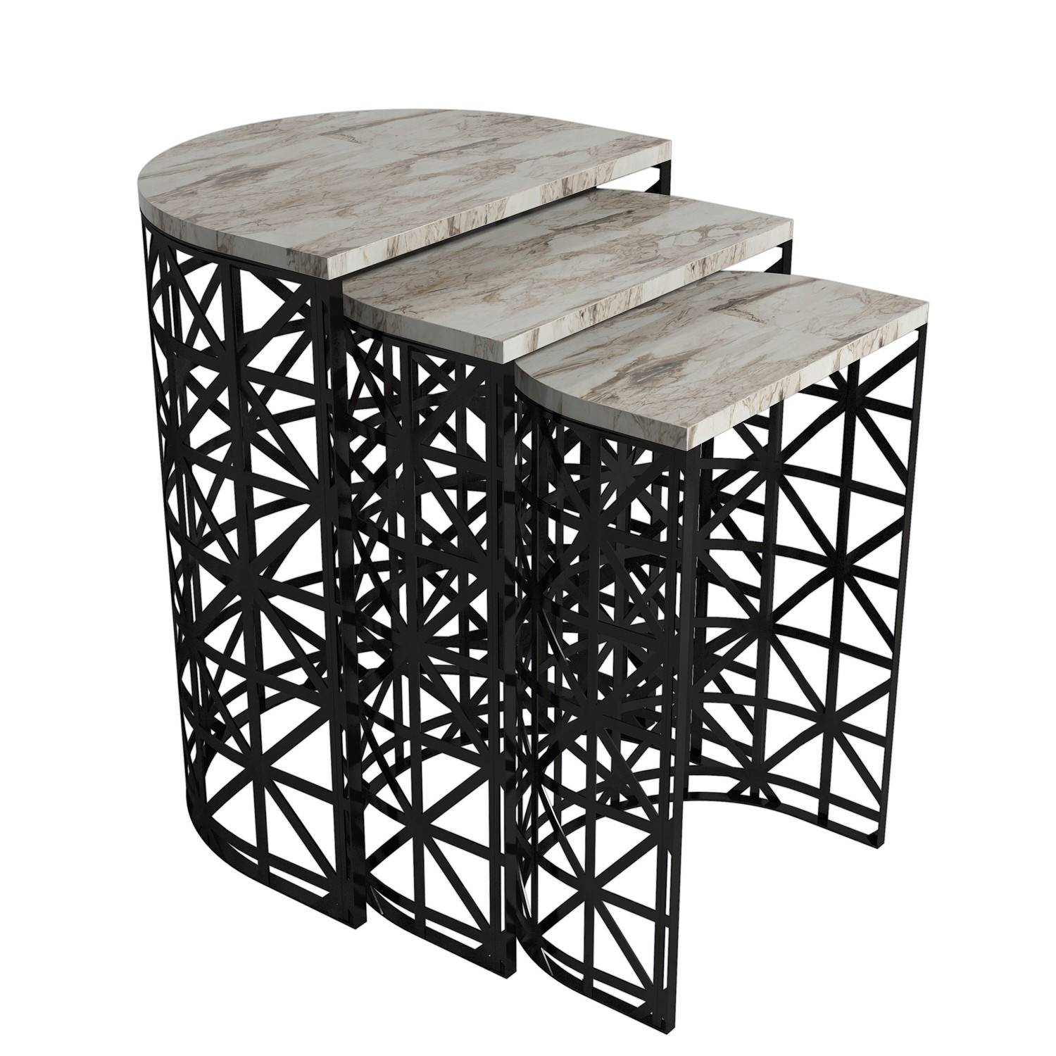 Zachem Tavolino rotondo a 3 pezzi in metallo nero e legno bianco Marmo