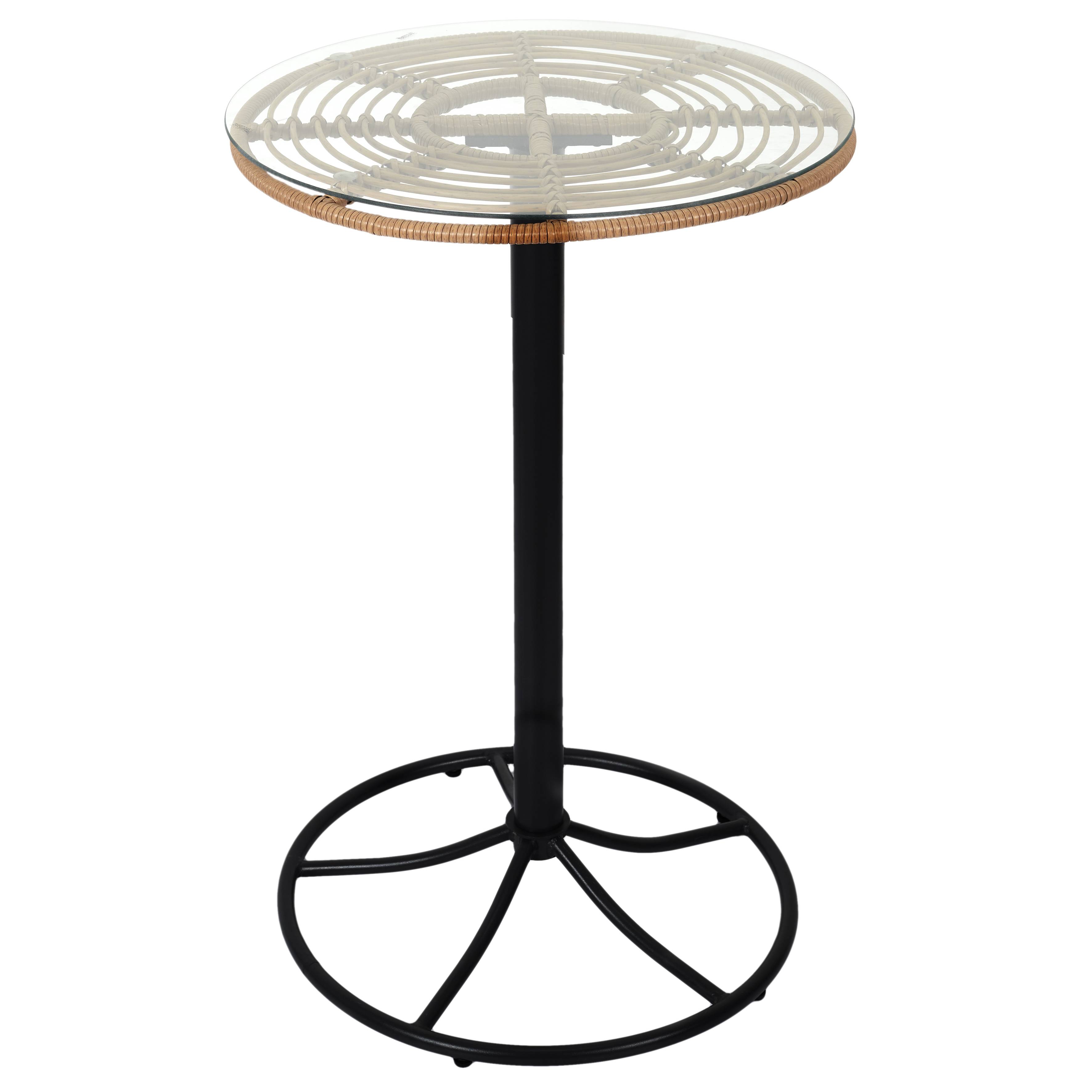 Table haute Zuts H100cm Verre Transparent, Métal Noir et Rotin Naturel