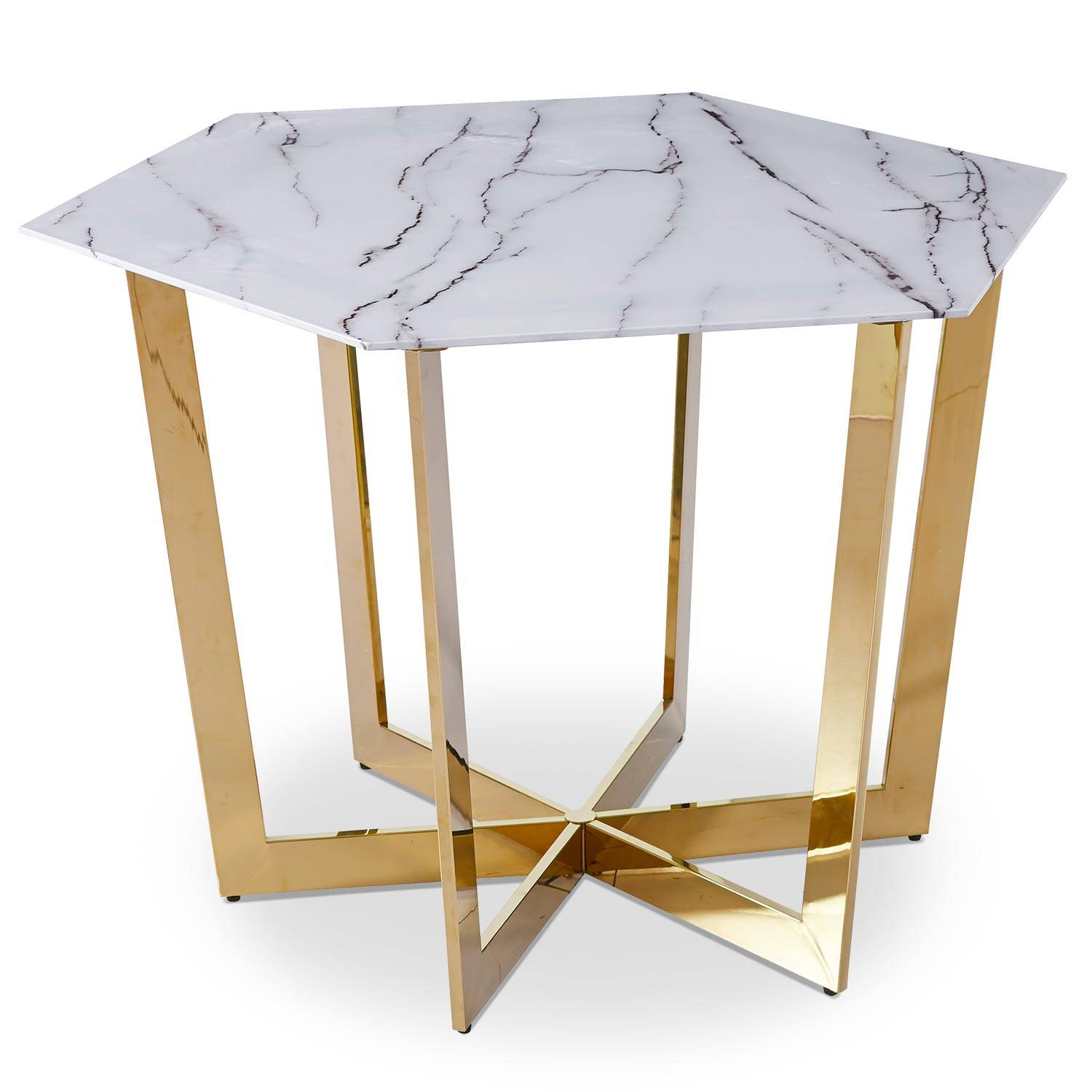 Sechseckiger Tisch Zadig 120 cm Glas mit weißem Marmoreffekt und goldene Metallbeine