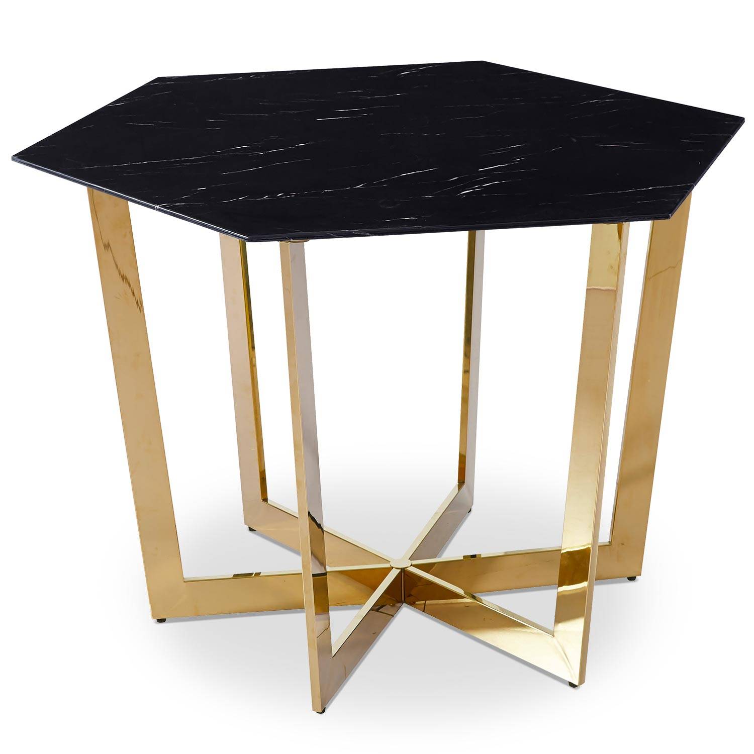 Zadig zeshoekige tafel 120 cm zwart marmer effect glas en goud metalen poot