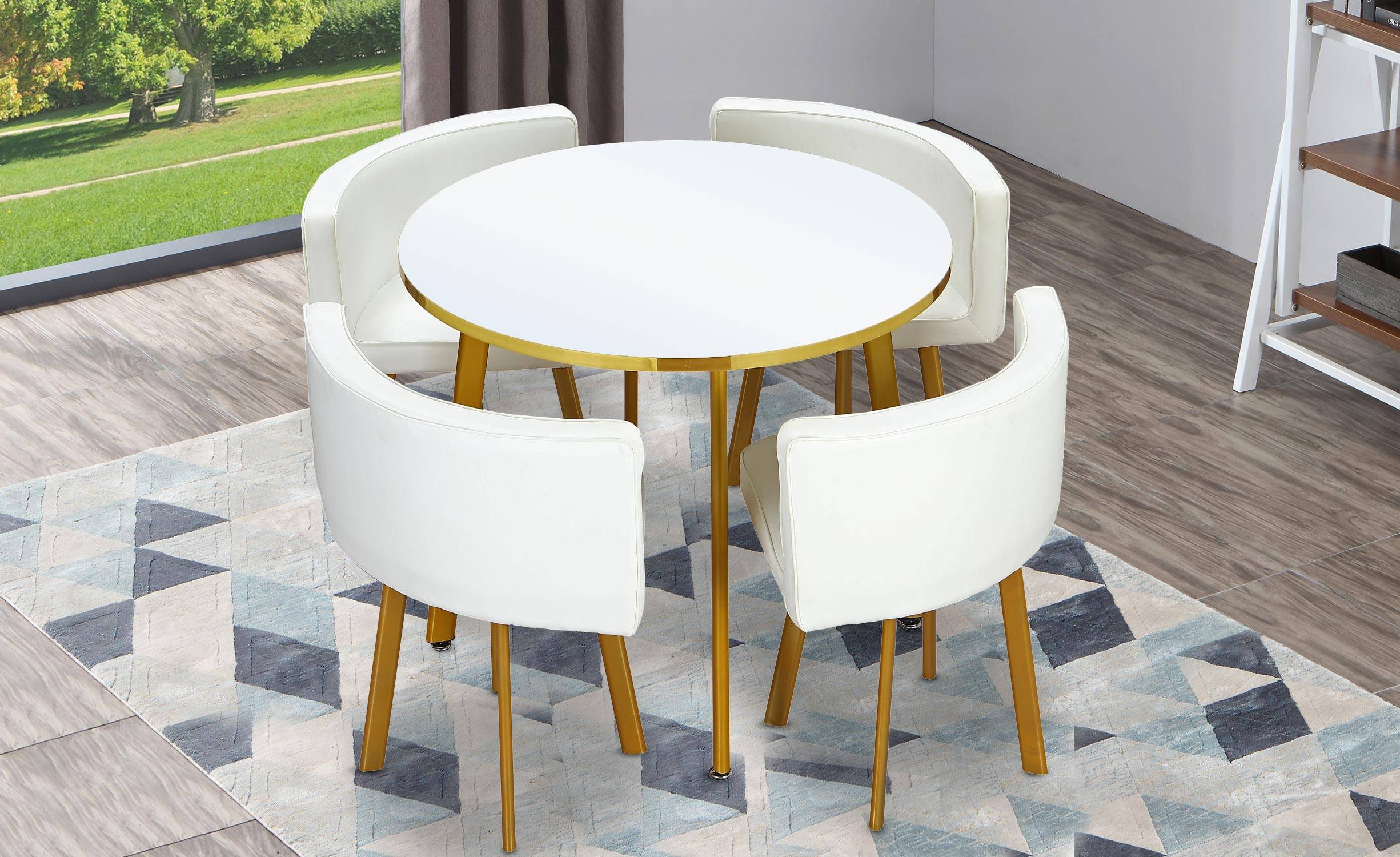 Petite table de salle à manger gigogne ronde en bois 1000 mm pour 4 chaises  rembourrées blanches