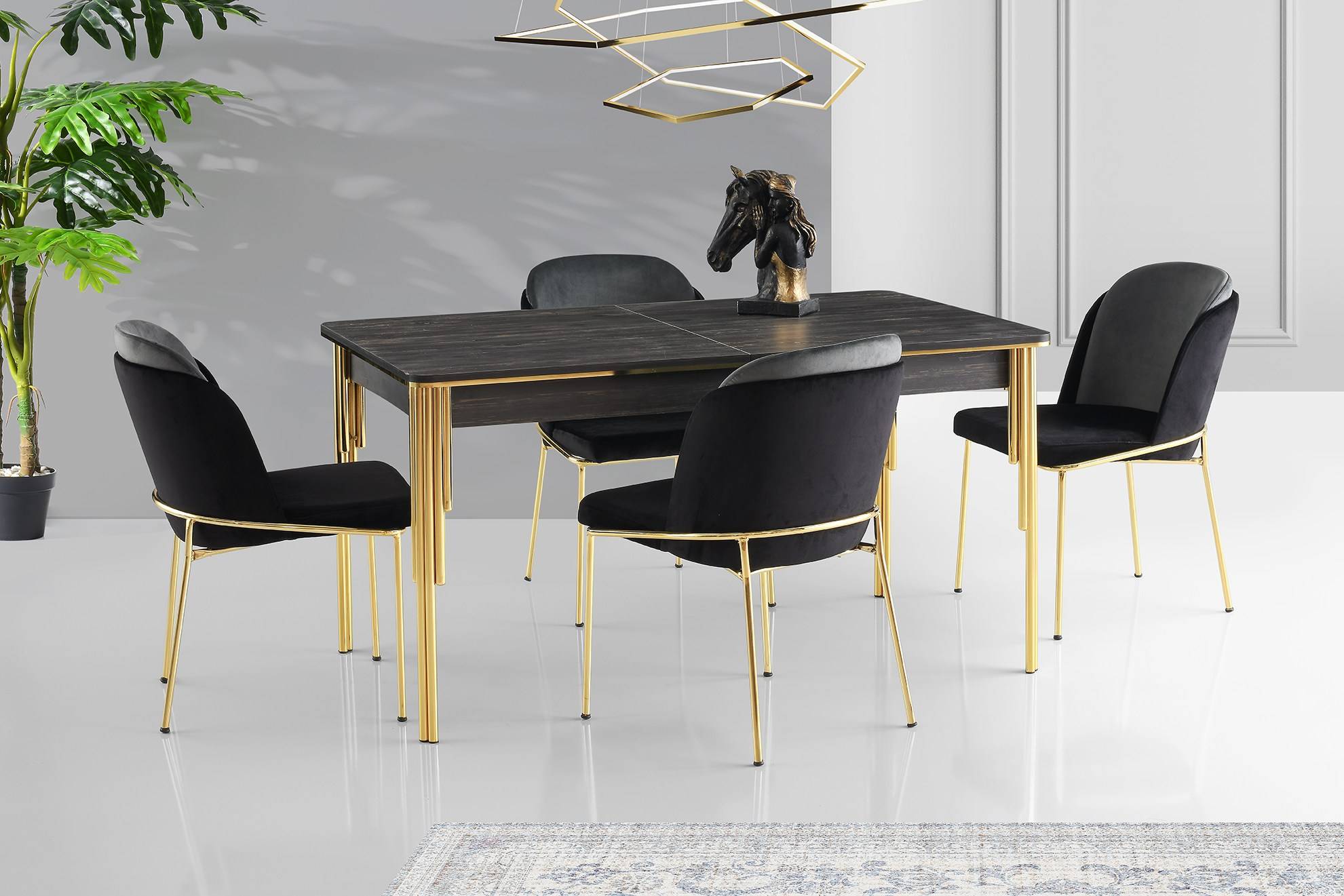 Mesa de comedor extensible Diallo Madera negra y metal dorado