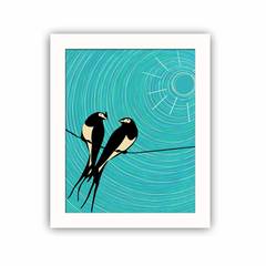 Decoratief schilderij Ausilia 23,5x28,5cm Hout Wit Motief 2 zwaluwen Zwart, Wit en Hemelsblauw