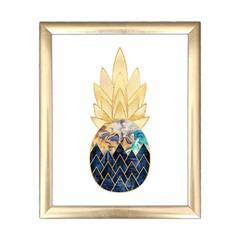 Tableau décoratif Pinata 23.5 x 28.5 cm Bois Motif Ananas graphique Bleu et Or