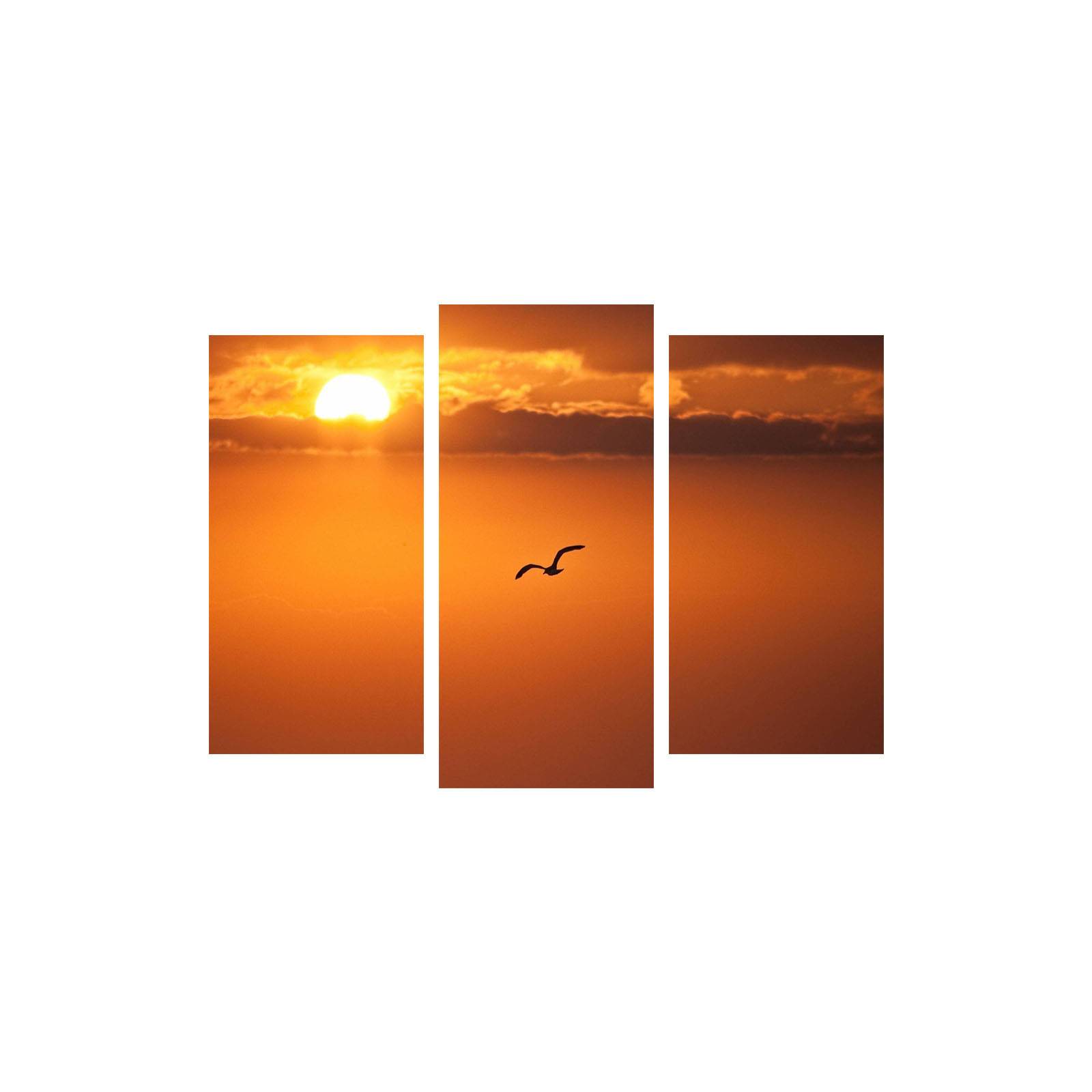 Drieluik decoratief schilderij Amicientes Eenzaam vogelmotief ondergaande zon Zwart en oranje