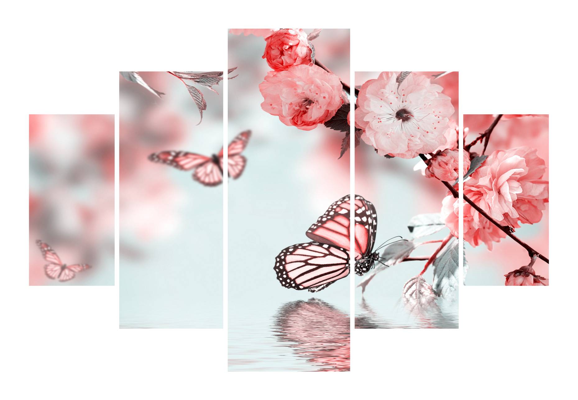 Tableau pentaptyque Atos Motif Papillons et roses