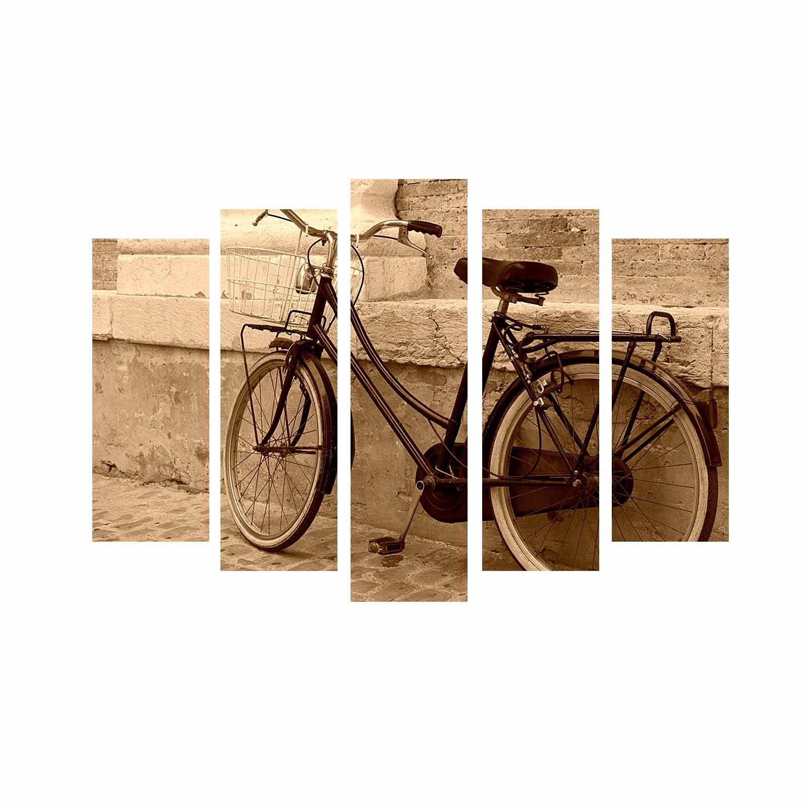 Tableau pentaptyque Atos Motif Vélo effet vintage Beige et Marron