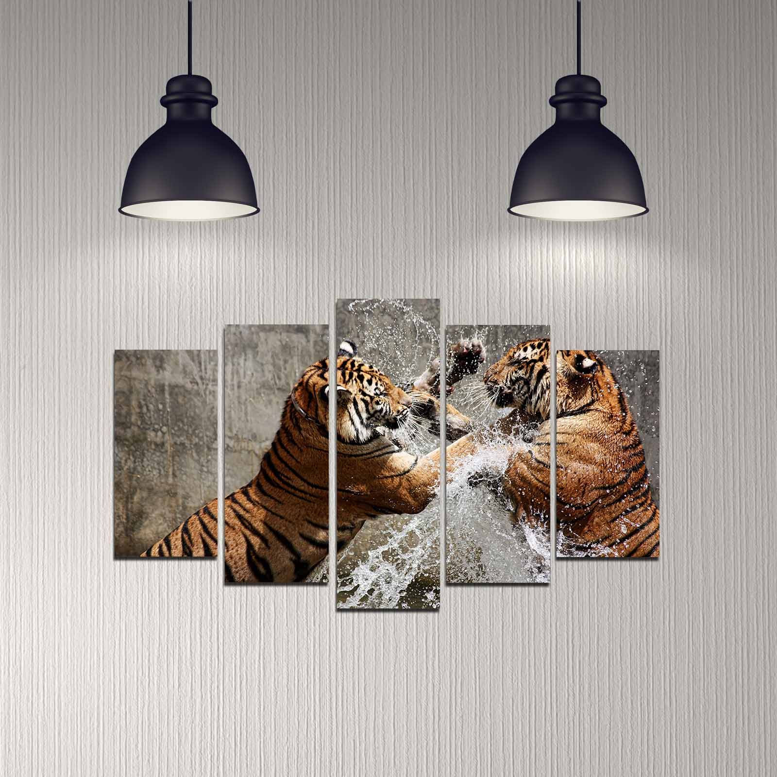 Tableau pentaptyque couple de tigres Atos Bois Multicolore