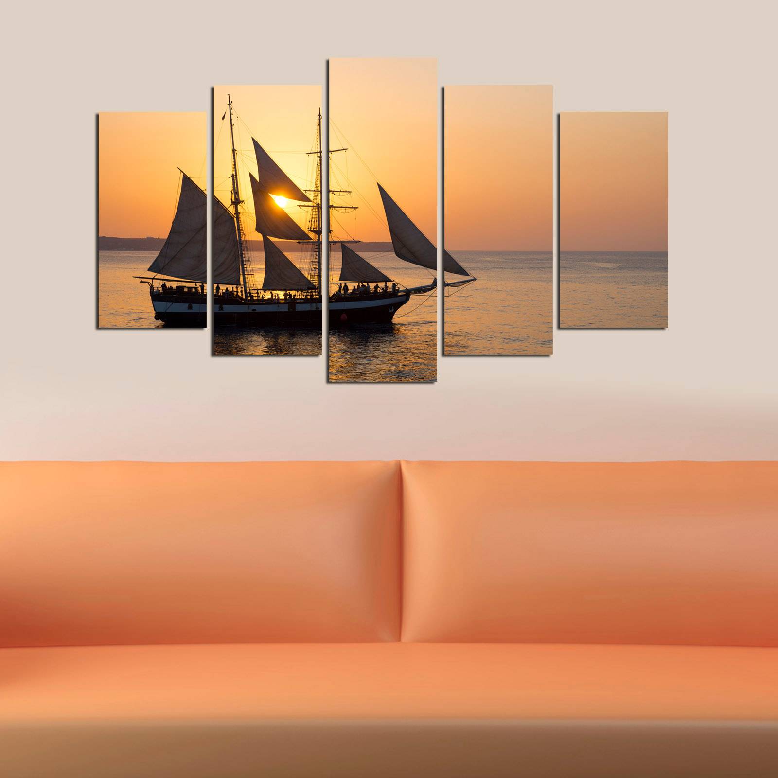 Gemälde Pentaptychon großes Segelboot bei Sonnenuntergang Atos MDF Mehrfarbig
