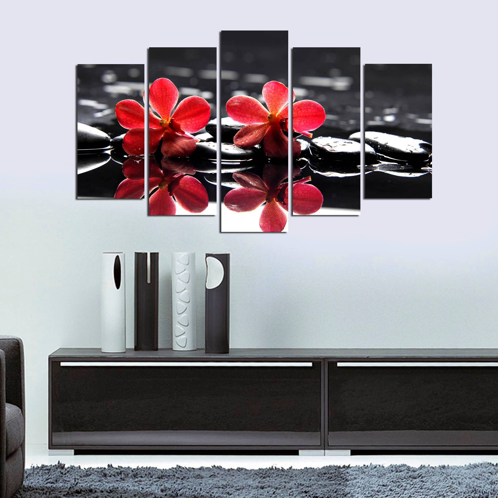 Pentaptych schilderij rode orchideeën zwarte steentjes Atos MDF Multicolore