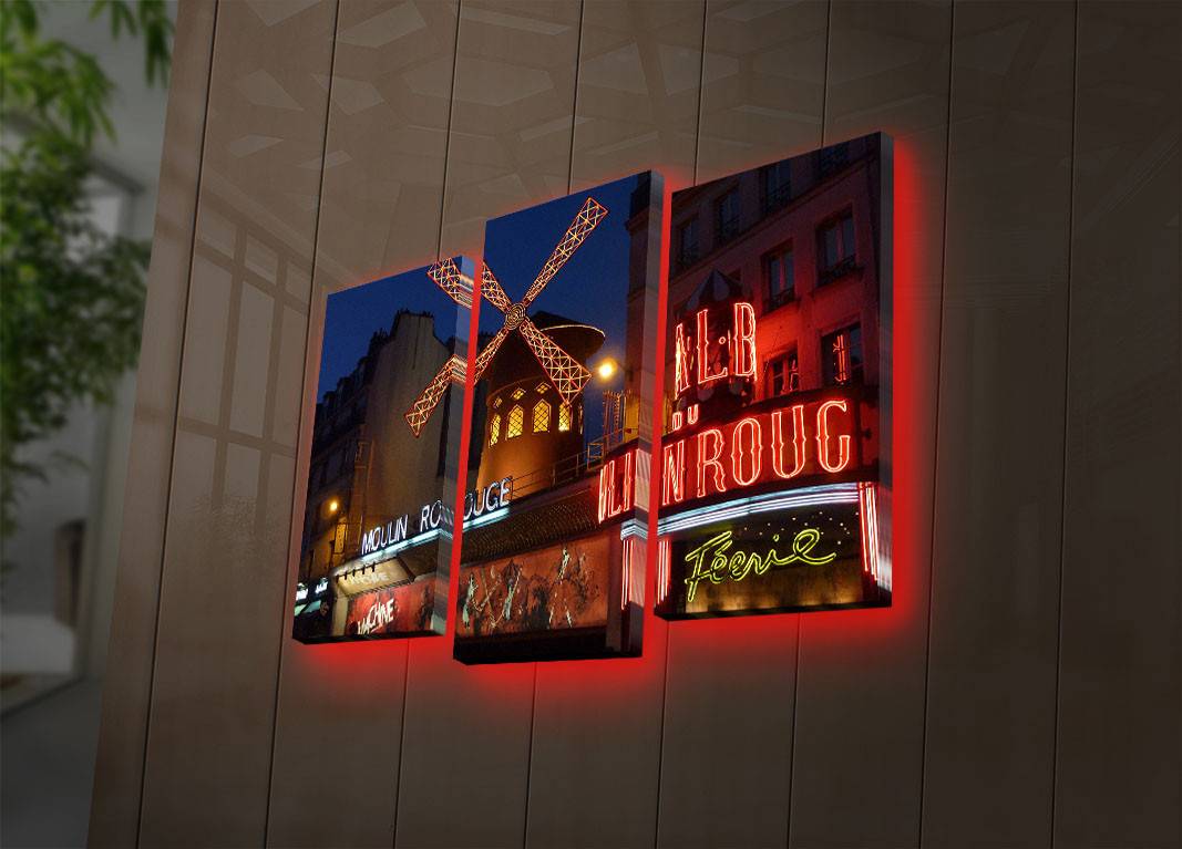 Lucendi Triptychon Wandtafel mit LED-Hintergrundbeleuchtung Motiv Moulin Rouge