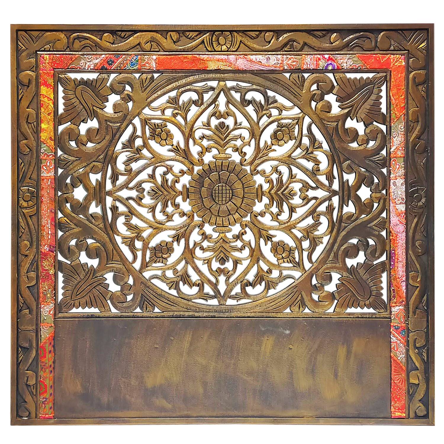 Tête de lit bois sculpté Tanger 160cm Bronze et Tissu