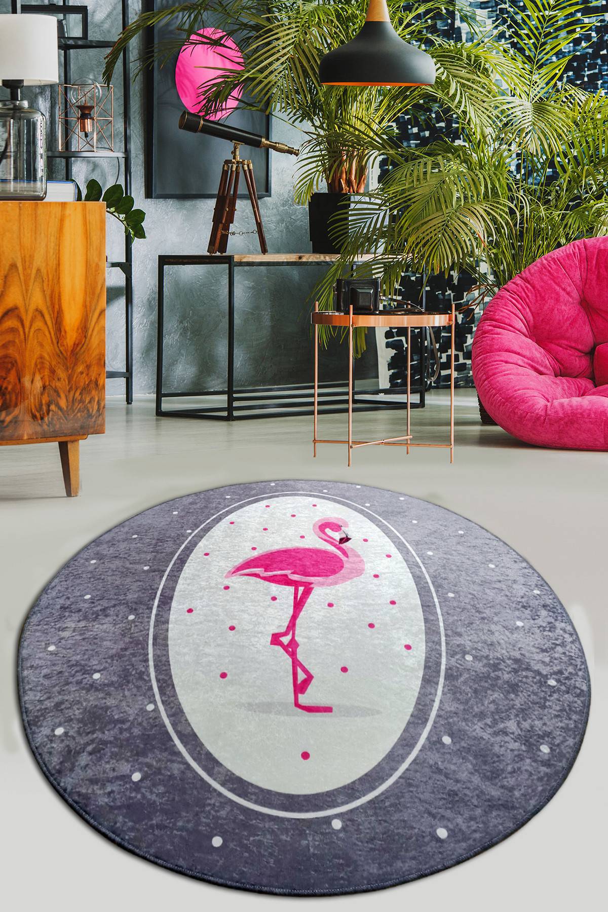 Runder Teppich Banshee D100cm Velours Motiv Flamingo Rosa