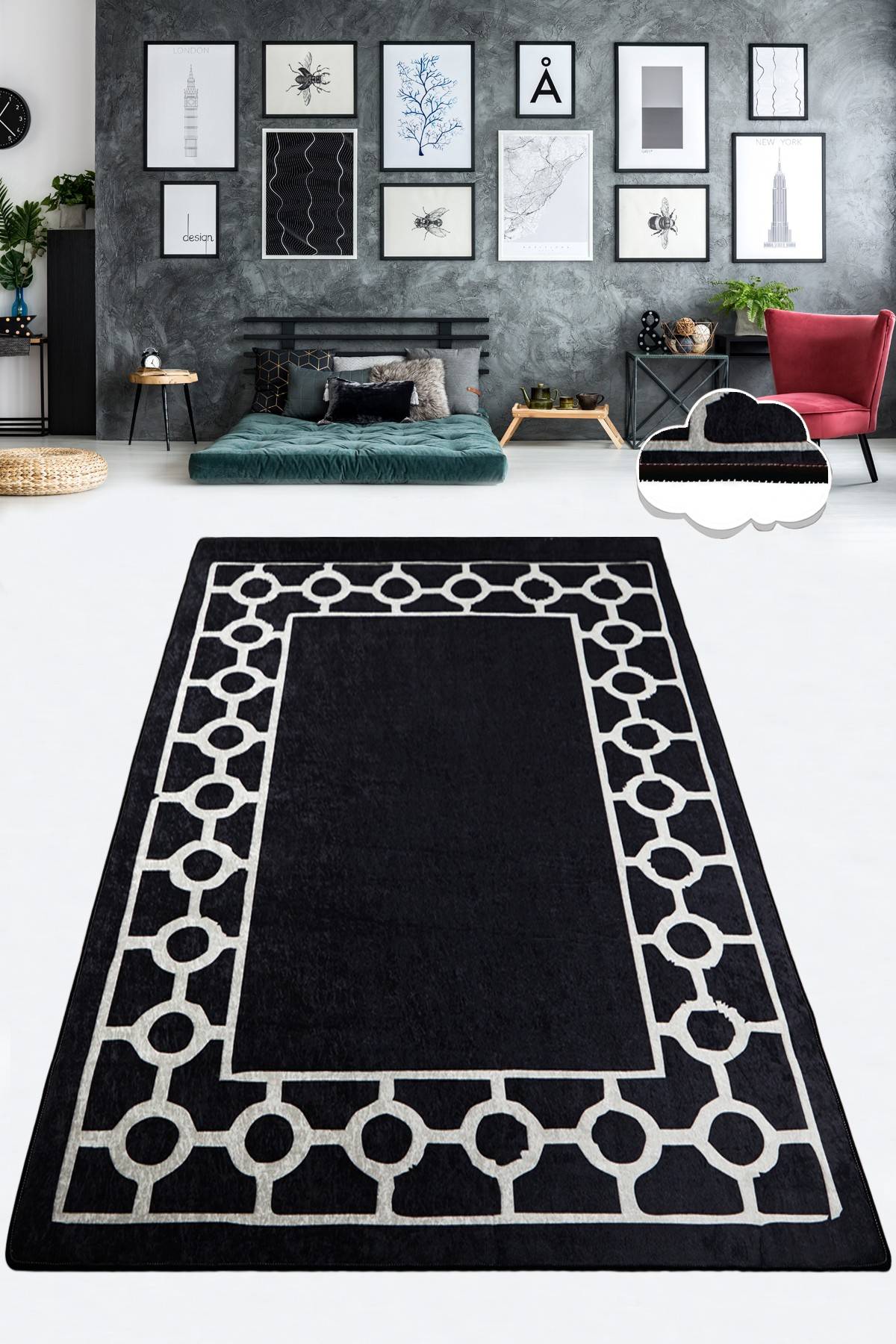 Akli Teppich 100x300cm Motiv Rahmen mit Kreisen Schwarz und Weiß