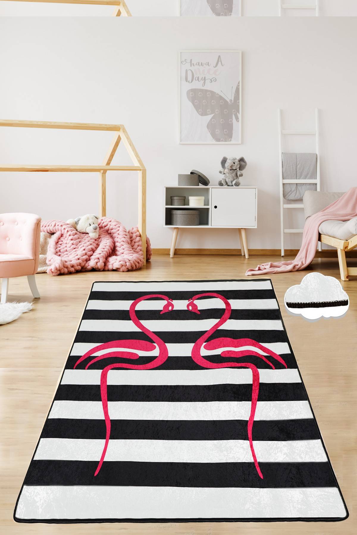 Vloerkleed Arezki 80x200cm Fluweelpatroon Zwart-witte strepen en roze flamingo-silhouet