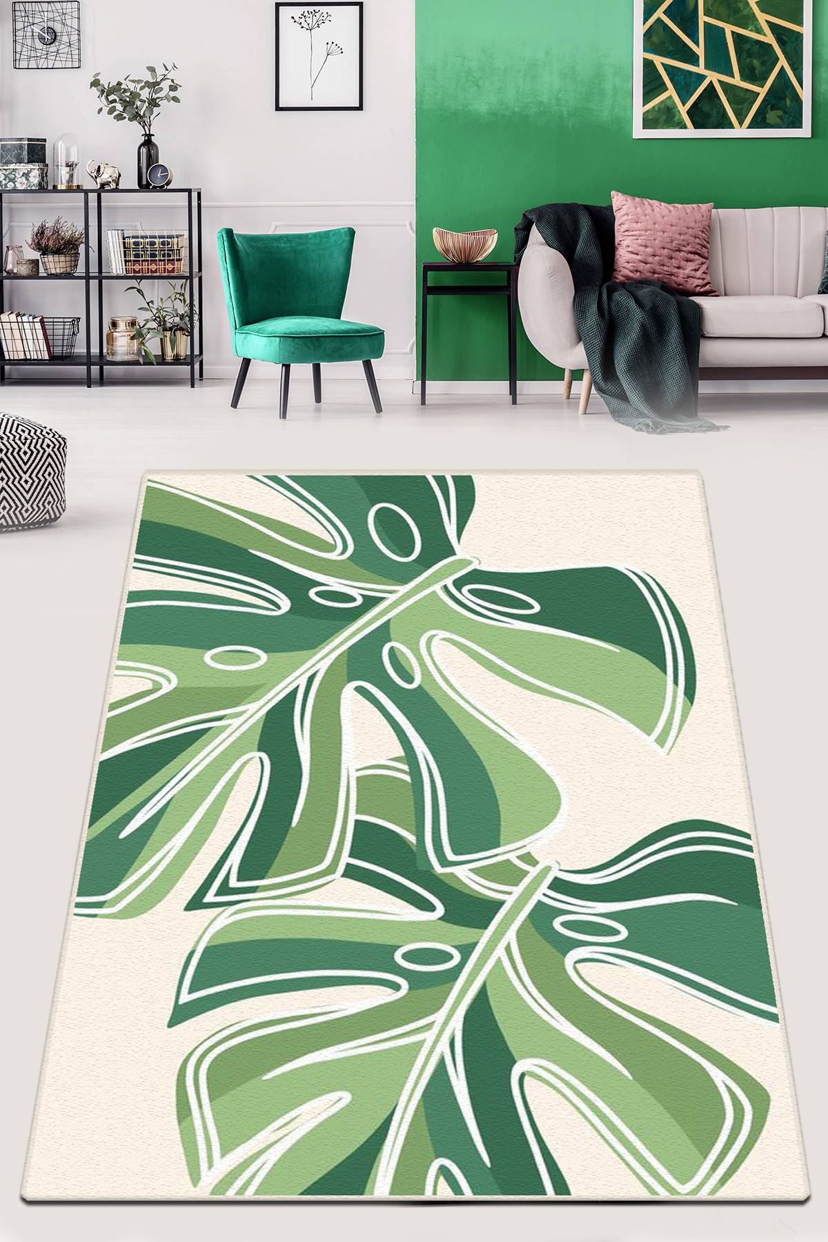 Astallot Teppich 80x140cm Velours Motiv Tropische Blätter Grün und Weiß