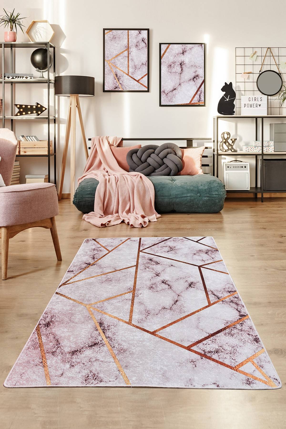 Tappeto Cajun 80x300cm Velluto bianco e rosa effetto marmo e lino oro
