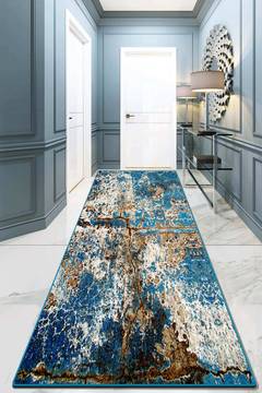 Mina hal tapijt 80x300cm Abstract patroon Blauw en Bruin