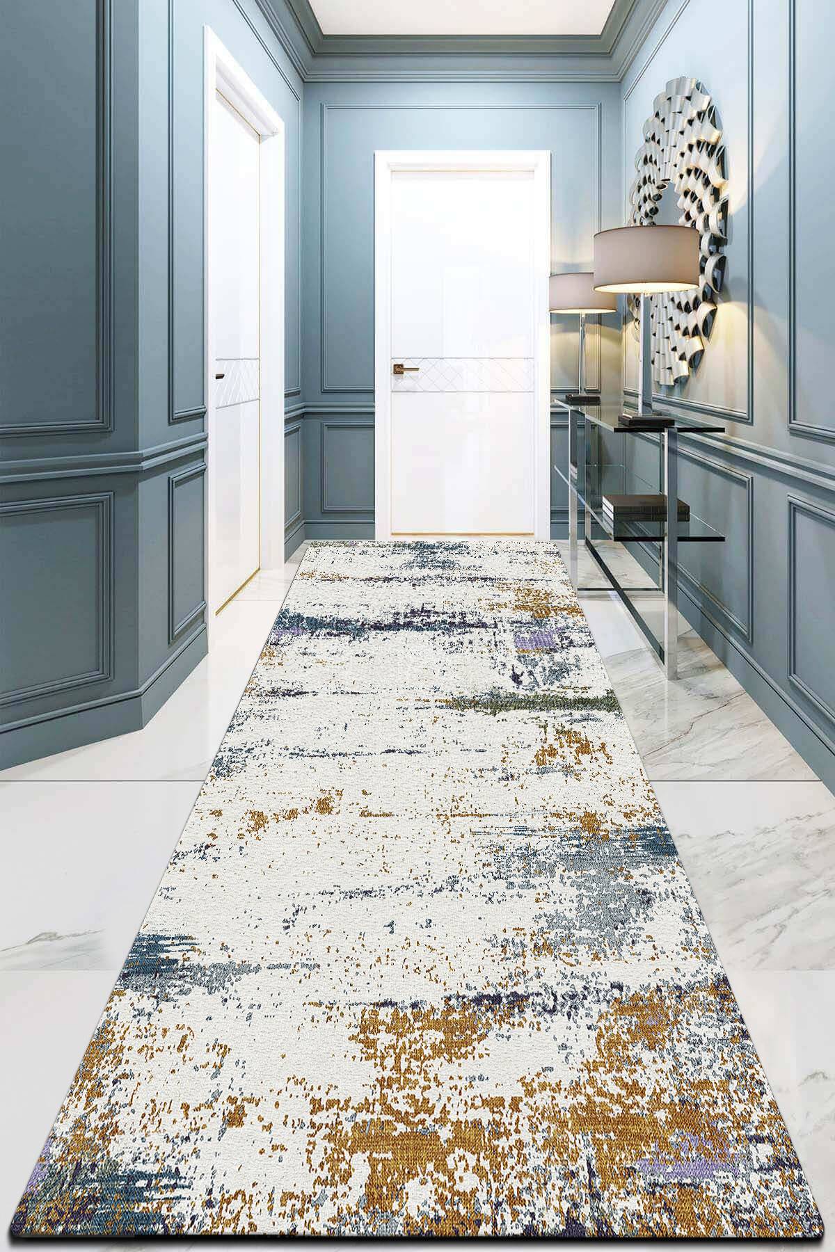 Tappeto per corridoio Zawati 80x250cm Motivo a righe blu, grigio e beige