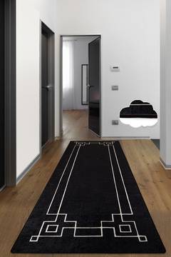 Tapis de couloir Abad 80x150cm Velours Motif Géométrique Noir et Blanc