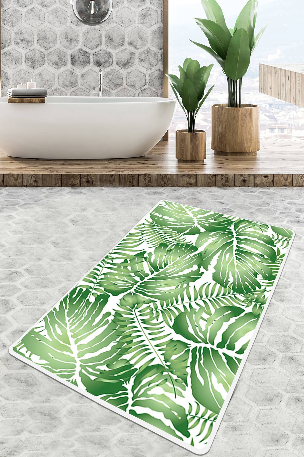 Tapis de salle de bain Foliacel 70x120cm Motif végétal Vert