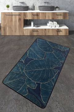 Badezimmerteppich Ivanka 70x120cm Tropisches Blättermuster Dunkelgrün und Dunkelblau