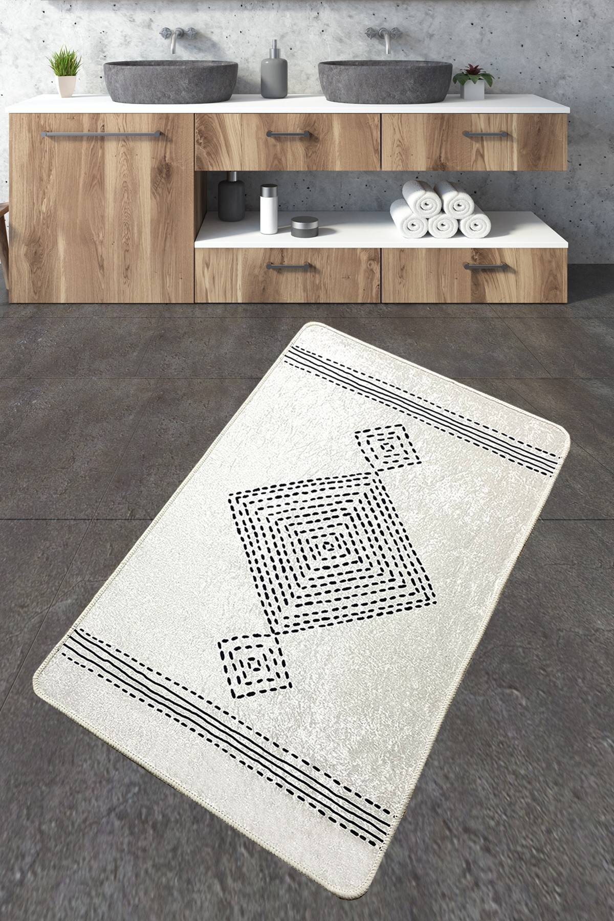 Kaouar badkamer tapijt 60x120cm Lijn en ruit patroon Zwart en Wit