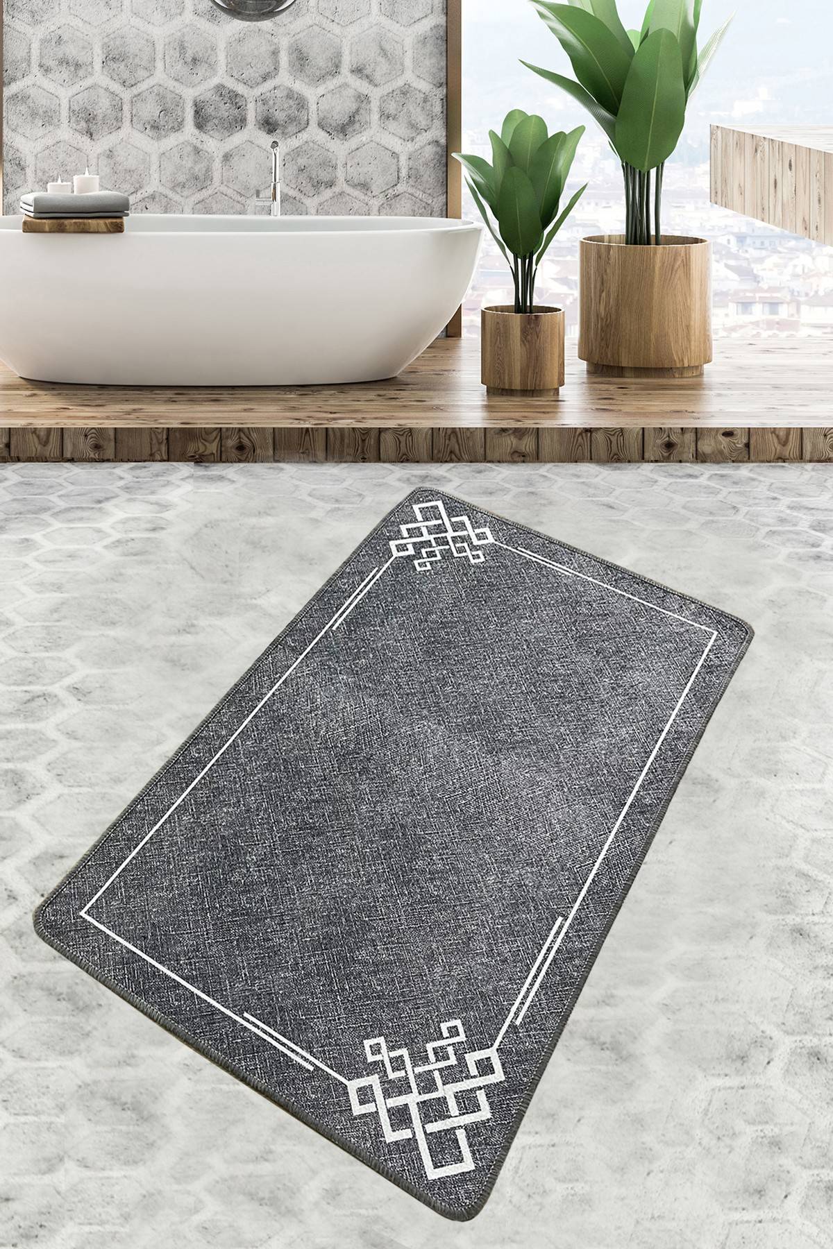 Badezimmerteppich Nuja 70x120cm Geometrisches Muster Weiß und Grau