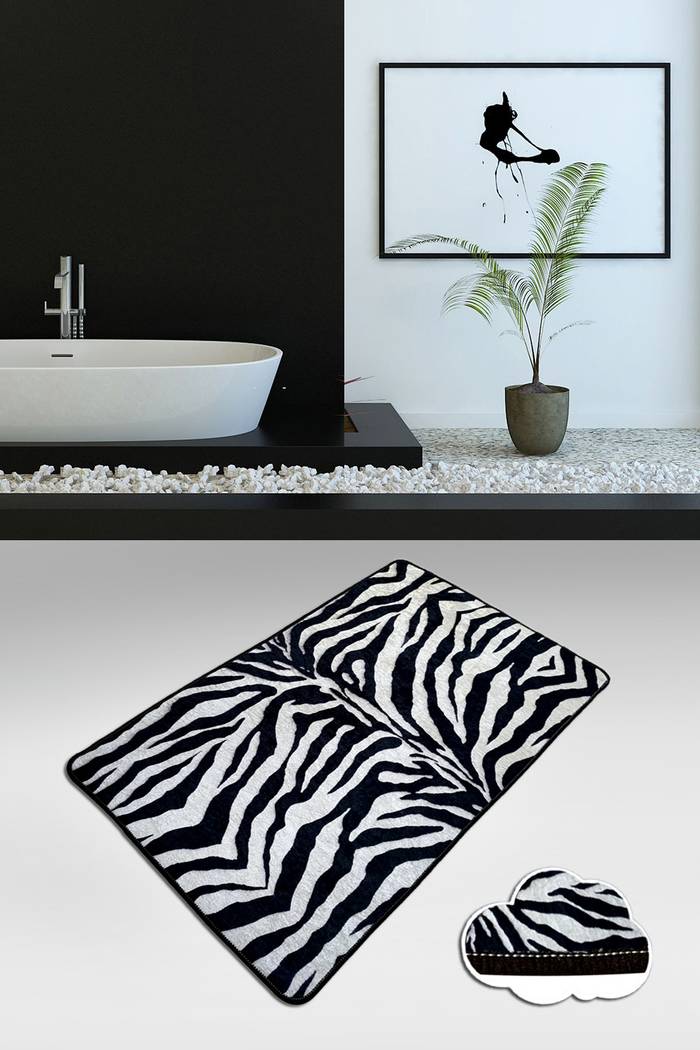 Tappeto bagno rettangolare Artem zebra pattern 70 x 120 cm Velvet Black and  White