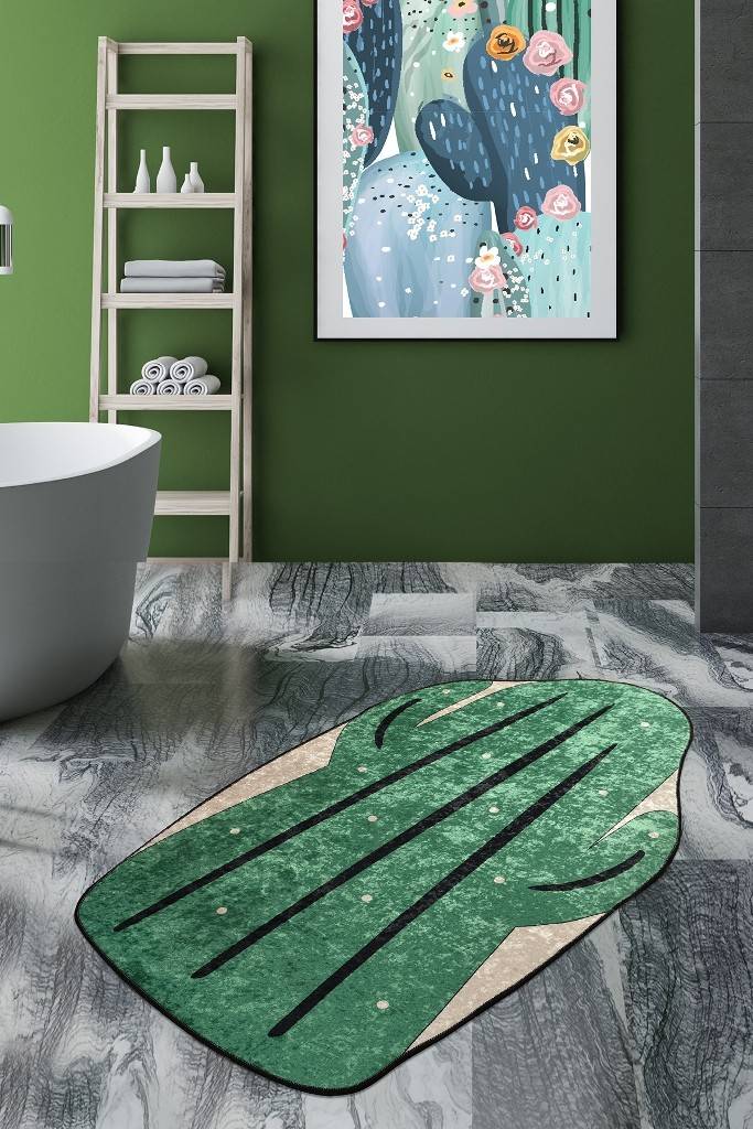 Tapis de salle de bain Rida 80x120cm Motif Cactus Vert, Noir et Beige