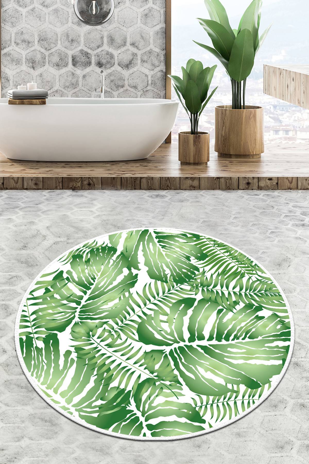 Alfombra de baño redonda Foliacel Ø100cm Patrón vegetal Verde