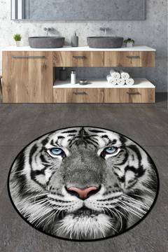Tapis de salle de bain rond Daiza D140cm Motif Tigre Blanc et Gris