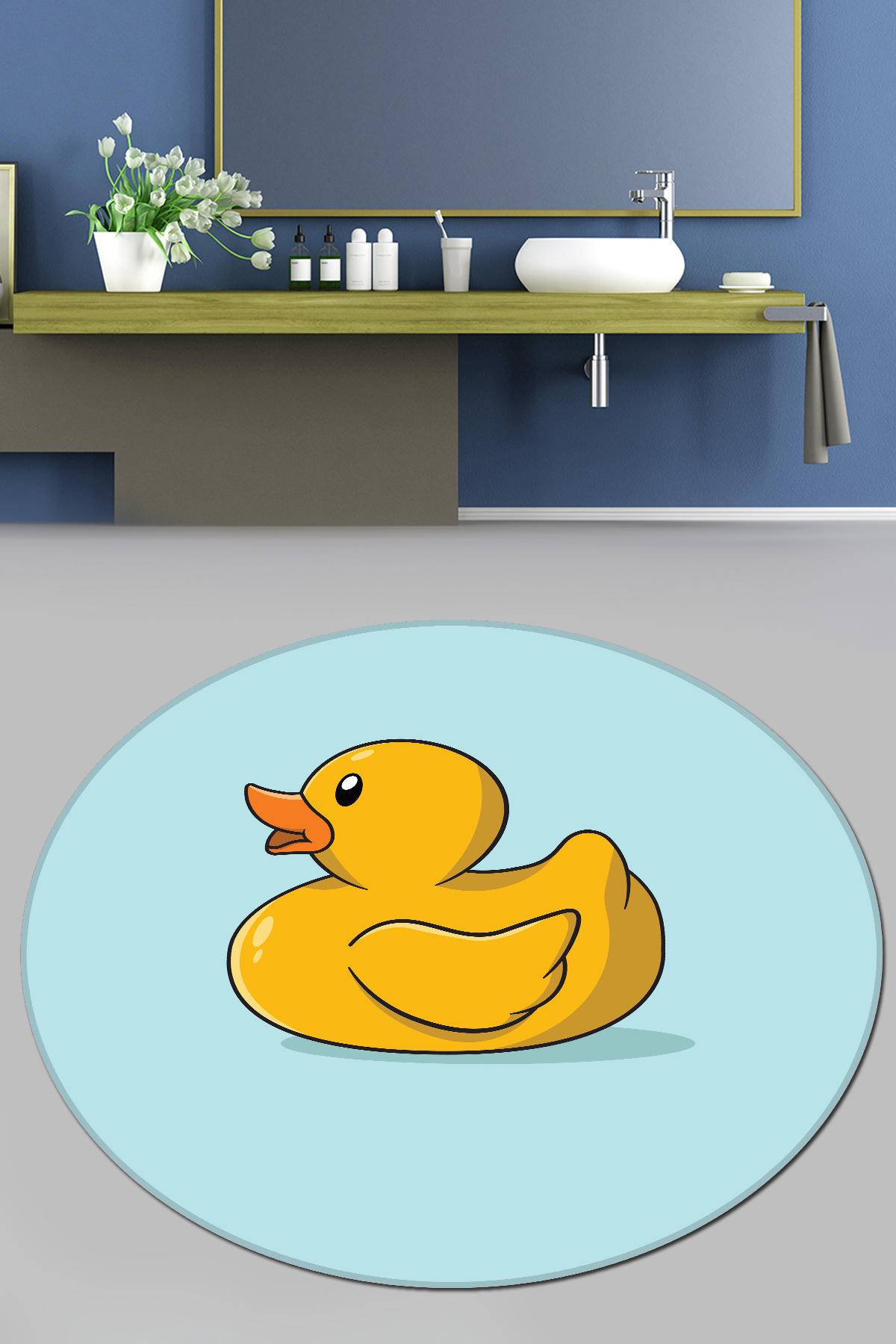 Badezimmerteppich Daffy rund D100cm Motiv Ente Blau und Gelb