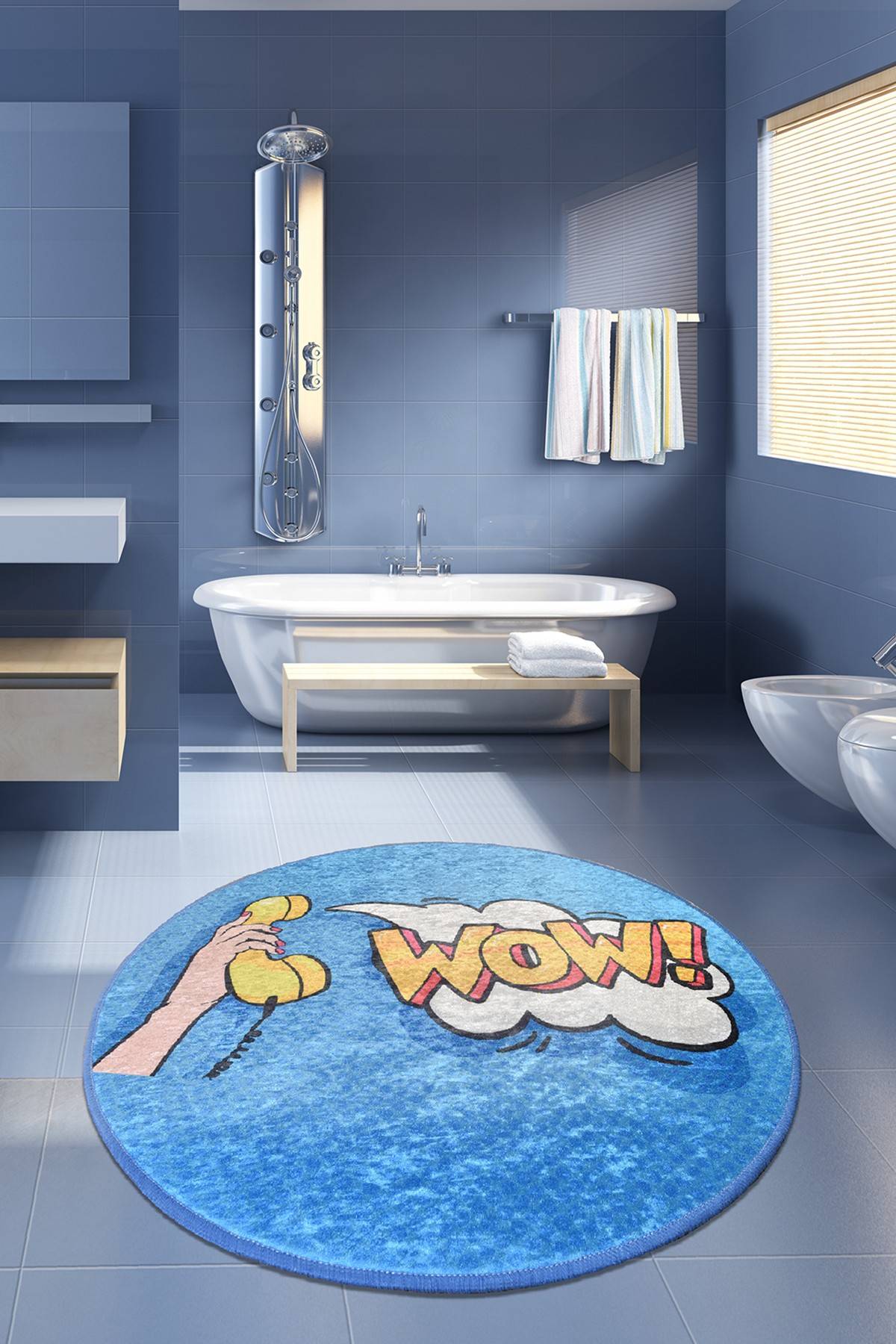 Tappeto rotondo da bagno Artem pop-art WOW Ø100 cm Cotone Velour Blu e  Giallo