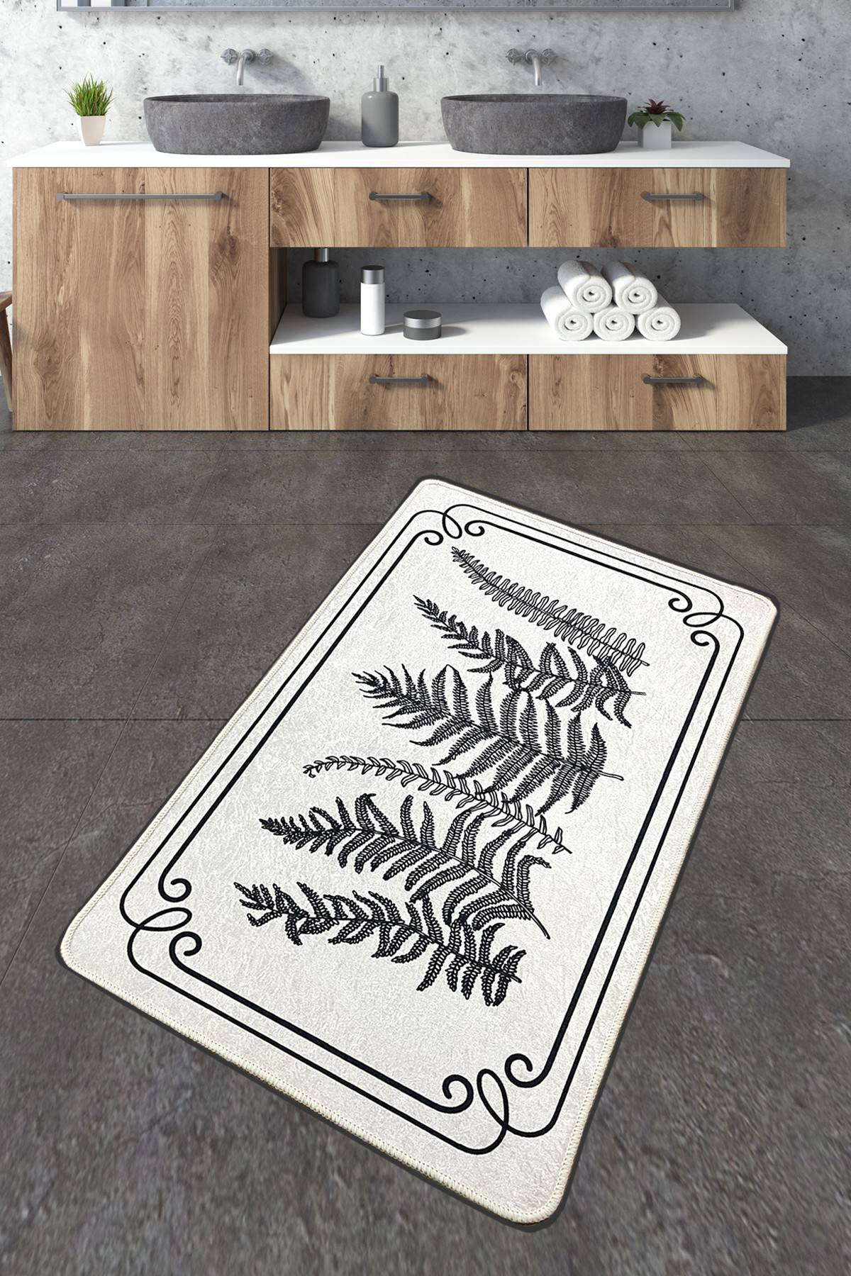 Tappeto da bagno Taklit 70x120cm Motivo a foglie di felce bianche e nere