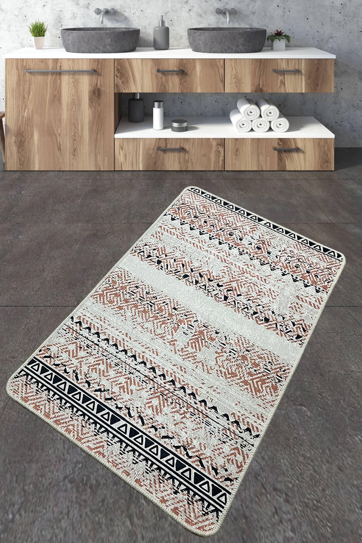 Taouri badkamer tapijt 70x120cm Berber patroon Beige, Bruin en Zwart