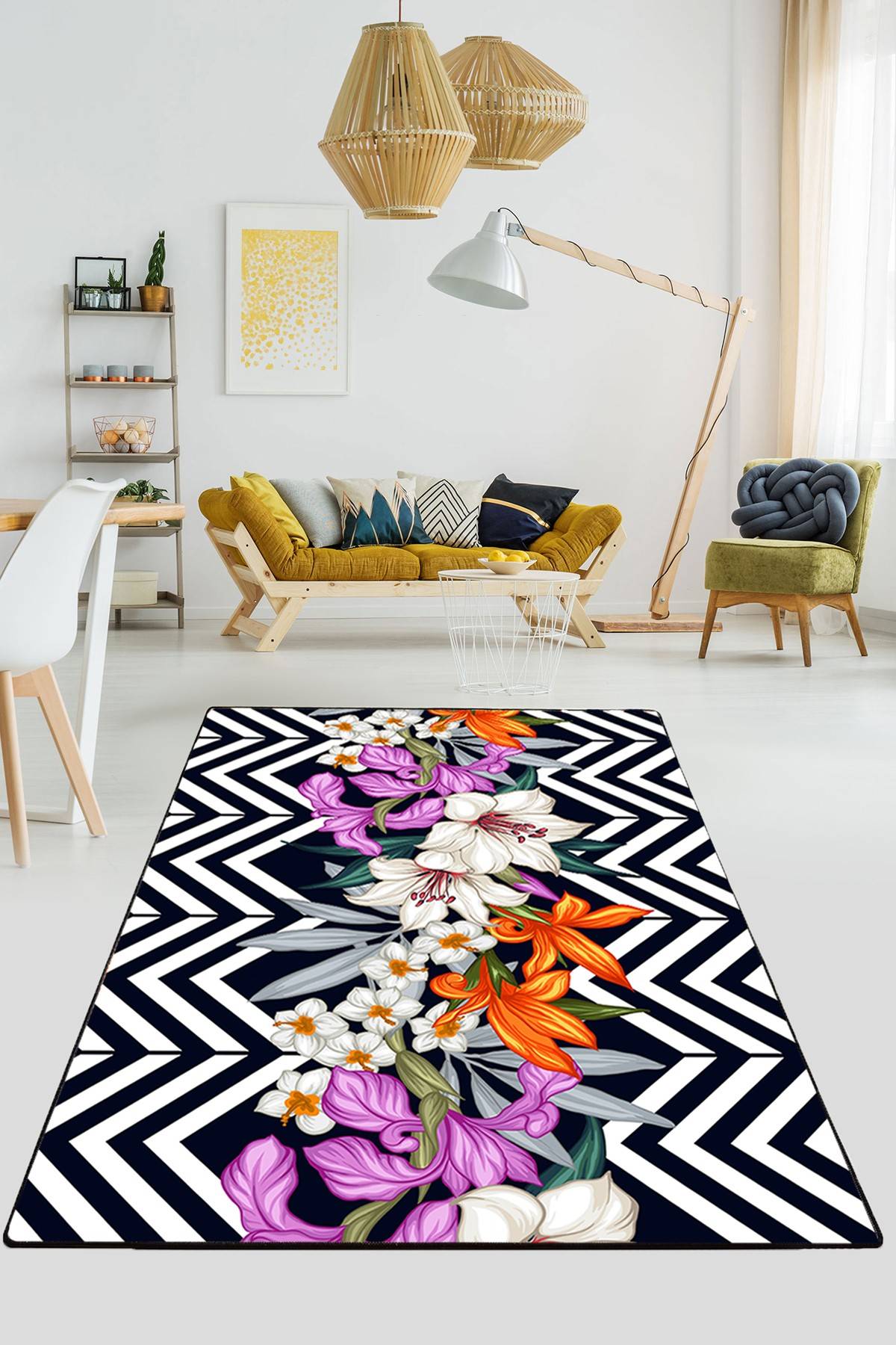 Alfombra Djeten 200x290cm Motivo en zigzag blanco y negro y flores multicolores