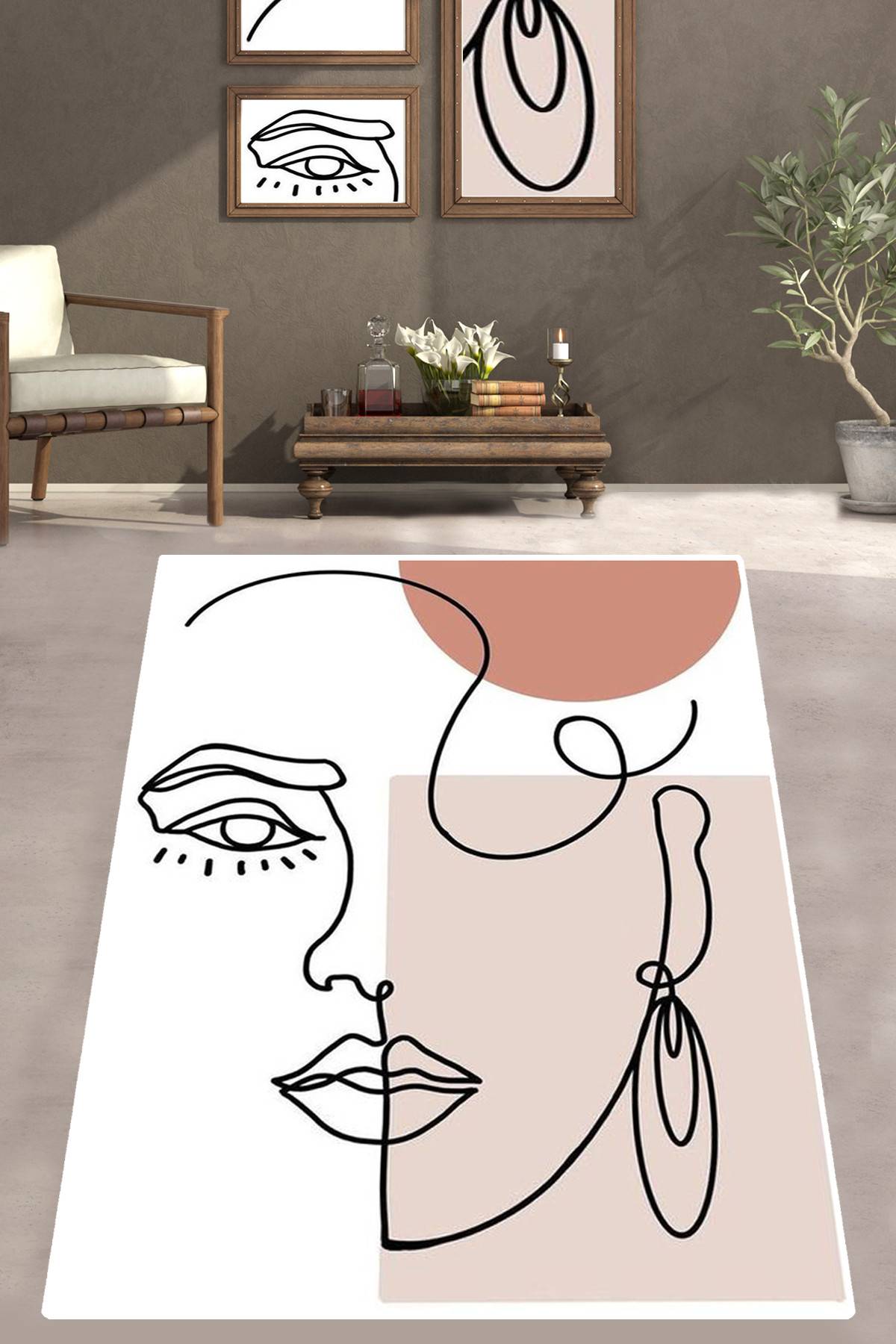 Petit tapis dessin abstrait de visage, Boho Matt, tapis beige et