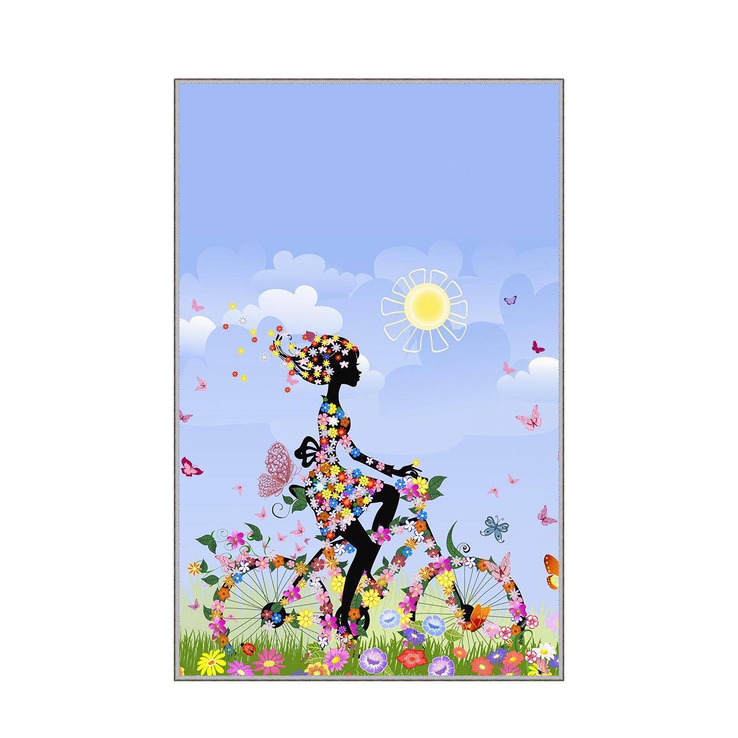 Ela Teppich 100x200cm Motiv Frau auf Fahrrad mit Blume