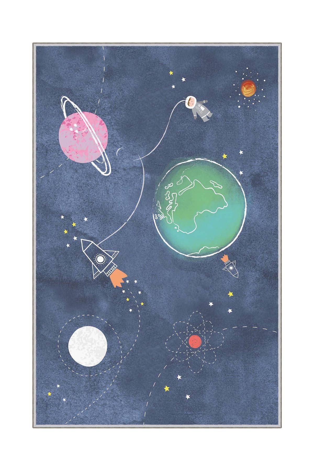 Kinderteppich Planetarius 60x100cm Stoff Muster Galaxy Blau